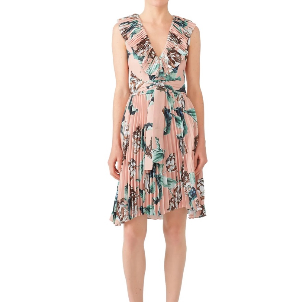 PatBO Pink & Green Printed Floral Botanical Pleated Tie Waist Sleeveless Dress 0